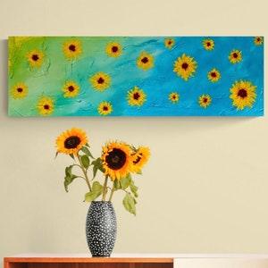 Sunflower Painting on Canvas, Blue and Yellow Wall Decor, Sunflower Decor, Abstract Wall Art, Painted by a Blind Artist,Home Office Wall Art