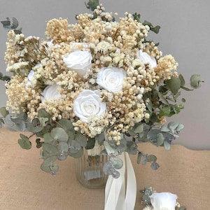 Eucalyptus Gum Bridal Flower Bouquet White Roses Wedding Dried Preserved Bridesmaids Neutral Baby's Breathe Ivory Posy Boutoniere