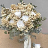 Eucalyptus Gum Bridal Flower Bouquet White Roses Wedding Dried Preserved Bridesmaids Neutral Baby's Breathe Ivory Posy Boutoniere