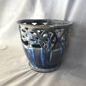 Ceramic Handmade, Sculpted  Planter | Royal Blue, Gray, White Glaze | Drainage Hole | Cut out Pattern | Orchids/Chinese Evergreen | Planting
