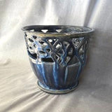 Ceramic Handmade, Sculpted  Planter | Royal Blue, Gray, White Glaze | Drainage Hole | Cut out Pattern | Orchids/Chinese Evergreen | Planting