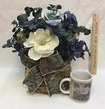 Blue Floral Arrangement In Basket Roses Magnolias Eucalyptus Bow w/ Coffee Cup