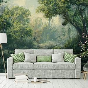 Magical forest wallpaper with trees, forest landscape, green wallpaper, peel and stick, self adhesive, wall decor, Removable Wallpaper