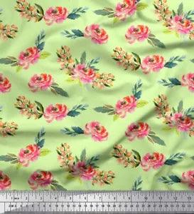 Soimoi Beige Velvet Fabric Leaves & Peony Floral Printed Fabric-S8Z