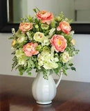 Vintage Ceramic White, Green Trim Pitcher With Peach and Green Silk Arrangement