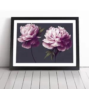 Framed wall art print with pink peony flowers on dark background