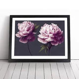 Framed wall art print with pink peony flowers on dark background
