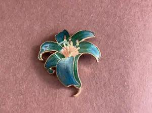 Gold Tone Teal Green and Pink Enamel Lily Brooch