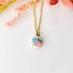 3D Rose Small Dainty Bezel Pendant Necklace/ Gold Chain/ Blue Pink Green/ Polymer Clay/Hypoallergenic Nickel Free/Handmade/ Floral/ Bouquet