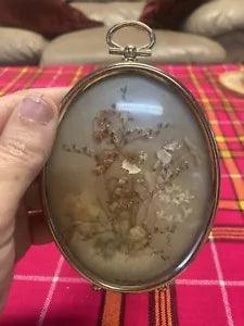 Vtg Pressed Dried Flowers In Oval Brass Frame  Velvet Board Backing