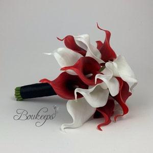 CHOOSE RIBBON COLOR - Dark Red and White Calla Lily Bouquet, Real Touch Red and White, Ivory Calla Lily Bouquet, Calla Lily Bridal Bouquet