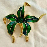 Brooch Pin Enameled Emerald Green On Gold Lily Green Gem in Center Vintage