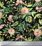 Soimoi Black Velvet Fabric Leaves & Ranunculus Floral Printed Fabric-J79