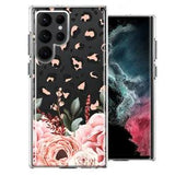 For Samsung Galaxy S22 Ultra  Classy Peach Peony Rose Flowers Leopard Case