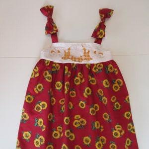 Girl's size 6 sunflower dress with shoulder straps and bows, Upcycled cut lace dress in red and yellow and ivory