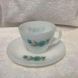 Vtg 1950??s Fire King White Milk Glass Bonnie Blue Carnation Cup and Saucer Mint