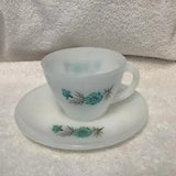 Vtg 1950??s Fire King White Milk Glass Bonnie Blue Carnation Cup and Saucer Mint