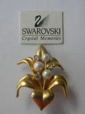 Swarovski Goldtone Pearl & Crystal Flower Leaf Lily Brooch Pin Signed Swan Mark
