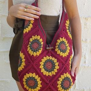 Red, Wine-red SUNFLOWER, Totebag, Knit Bag, Summer bag, BOHEMIAN Shoulder Bag, HANDMADE Cotton Bag, Stylish, Gift for Her, Express Shipping
