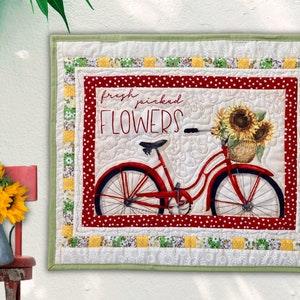 Wall Hanging Quilted - Table Topper Quilted - Red Bicycle and Sunflower Design - Complimentary Personalized Option