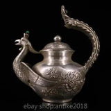 7.2" Ancient China Pure Copper Inlay Gems Silver Peony Flower Phoenix Teapot Pot