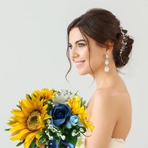 Sunflower Bride's Bouquet with Blue Roses and Daisy Wedding Flowers Sunflower Blue Rose Country Charm Wedding Flowers Spring Bride's Bouquet