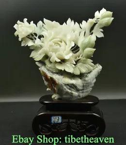 15.6" China Xiu Jade Hand Carved Peony Flower Butterfly ornament Sculpture