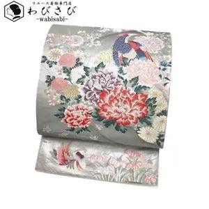 O-1371 Fukuro Obi Karaori Beautiful Flower Pattern On Bird Peony, Chrysanthemum,