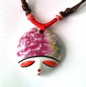 Peony Flower Beauty Face Design Ethnic Choker Necklace with Ceramic Pendant