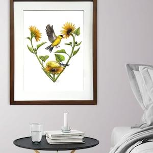 Large original artwork - Goldfinches in the heart of sunflowers - 16x12in - Unique handmade illustration - Bird, Nature decoration.