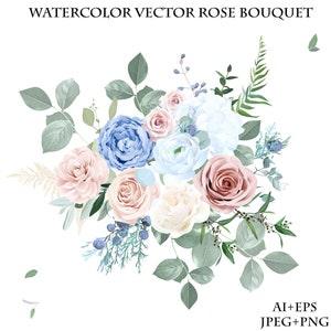 Dusty pink blush, blue and creamy rose flowers vector design wedding bouquet. Eucalyptus, greenery. Floral pastel watercolor style. Blooming