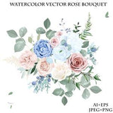 Dusty pink blush, blue and creamy rose flowers vector design wedding bouquet. Eucalyptus, greenery. Floral pastel watercolor style. Blooming