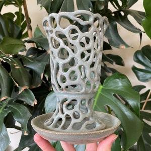 Light Blue Celadon Pedestal Orchid Planter Pot with Holes and Optional Saucer