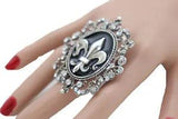 Women Silver Metal Big Ring Filigree Fleur De Lys French Symbol Flower Lily Sign