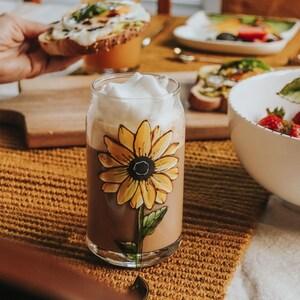 Can Glass for hot or cold drink, juice or cocktail, smoothie, a lovely sunflower is handpainted, 16 oz.