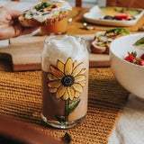 Can Glass for hot or cold drink, juice or cocktail, smoothie, a lovely sunflower is handpainted, 16 oz.