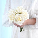 Realistic 5 Stems Real Touch Moist Latex Rose Bouquet | High Quality Artificial Flower | Wedding/Home Decoration | Gifts - Milky White
