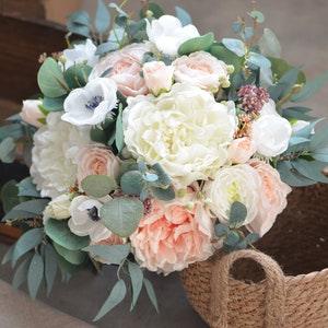 Rustic Peach Bridal Bouquets, Real Touch Anemones, Peach Peonies,  Ranunculus, Bridal Bouquet Eucalyptus Loose Bouquet Shape