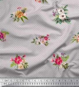 Soimoi Gray Cotton Poplin Fabric Dot & Peony Floral Print Fabric-lmI