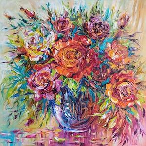 Red roses oil painting, Flower bouquet canvas painting, Rose buds green leaves rose petals , Blue crystal vase still life textured painting
