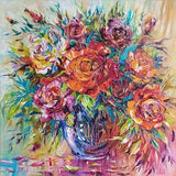 Red roses oil painting, Flower bouquet canvas painting, Rose buds green leaves rose petals , Blue crystal vase still life textured painting