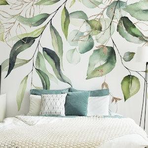 Green Hanging Leaves, Watercolor Botanical Mural | Peel and Stick | Self adhesive | Repositionable, Removable wallpaper