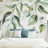 Green Hanging Leaves, Watercolor Botanical Mural | Peel and Stick | Self adhesive | Repositionable, Removable wallpaper