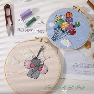 DIY Embroidery Kit with 2pcs hoop/Rainbow Giraffe Sunflower Cat Elephant Ballon Pattern-Beginner Friendly-Gift-Hoop Art-Home Decor