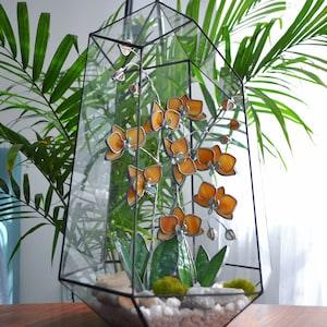 Geometric glass 3D terrarium with stained glass orchids. Wedding glass decor, Mother??s Day  gift, glass art, sun catcher, succulents