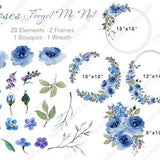 blue roses watercolor painting, rose bouquets, forget me not flowers, hand painted flower clip art, DIY invitations, blue and purple flowers