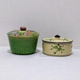 Vintage Art Deco Pottery Lidded Desk Box Made in Japan. 2 to Choose From. Floral Bouquet w Rose Bud Handle or Green Cherry Blossom Pattern.