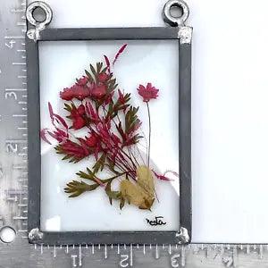 Pressed Dried Red Pink Flowers in Glass Metal Frame 4" x 3" Sun Catcher SIGNED