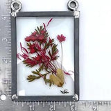 Pressed Dried Red Pink Flowers in Glass Metal Frame 4" x 3" Sun Catcher SIGNED