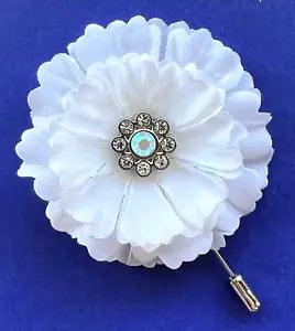 2.25" White Zinnia Carnation Rhinestone Cabochon Silk Flower Stick Lapel Pin